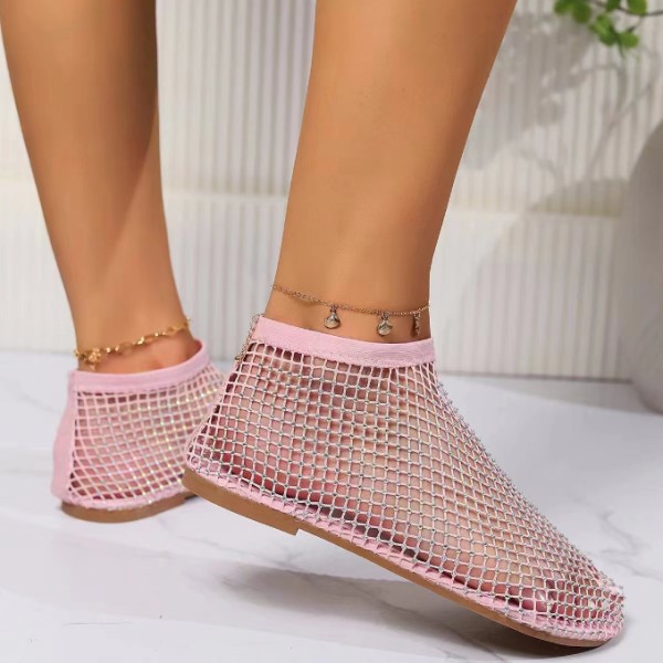 Mesh Flats Rhinestone Korta Sandaler Sexig Platt Cutout Glittrande Casual Bröllopsklänning Flats Pink 39