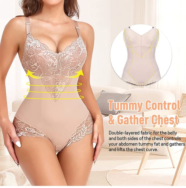 Formande Underkläder för Kvinnor, Tummy Control Thong Bodysuit, V-ringad, Spets, Kroppsshaper, Kompression White S