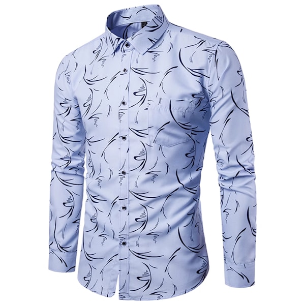 Modeherrskjorta Casual Blommig Bomulls Skjorta för Män Light Blue XL