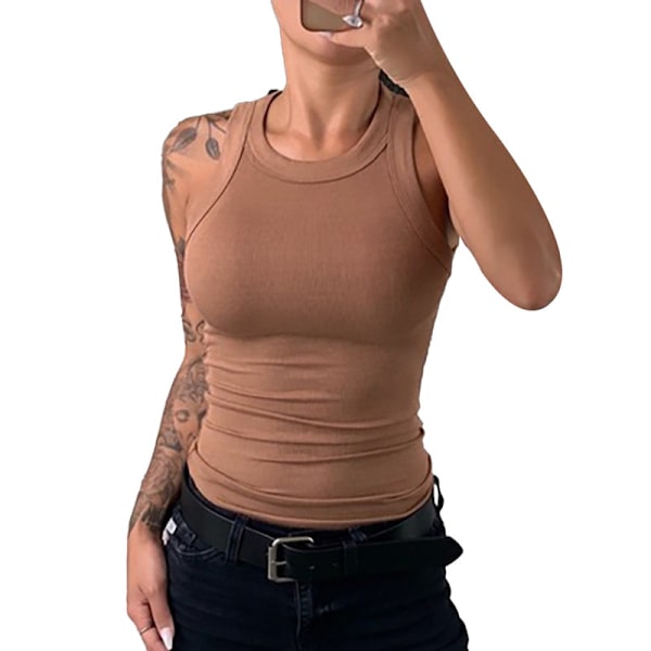 Naisten Yksivärinen Pyöreäkaulainen Ribattu Tank Top Camisole Naisten Kesä O-Kaulainen Tank Top Coffee M