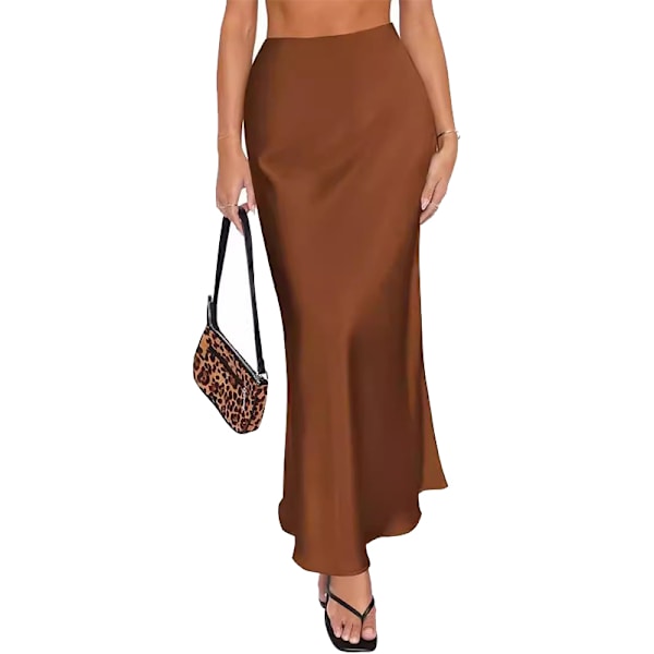 Kvinnor Lång Satinkjol Silke Elegant Hög Midja Flared A-Linje Midi Kjolar coffee 2XL