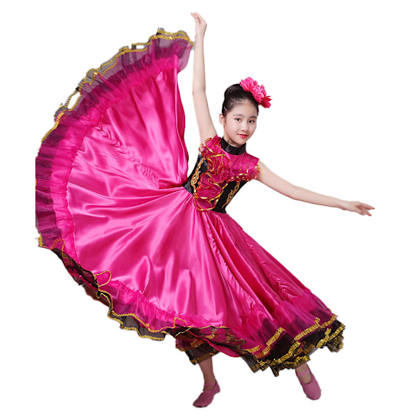 Tyttöjen Espanjalainen Flamenco-Härkätaisteluasu, Iso Heilahtava Mekko rose red 130