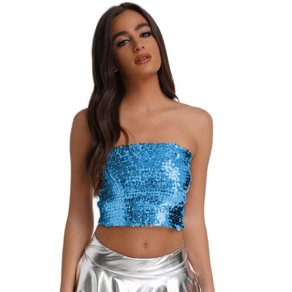 Glittrande Sekvenstop för Kvinnor, Metallisk Crop Top för Fest och Klubb Lake Blue