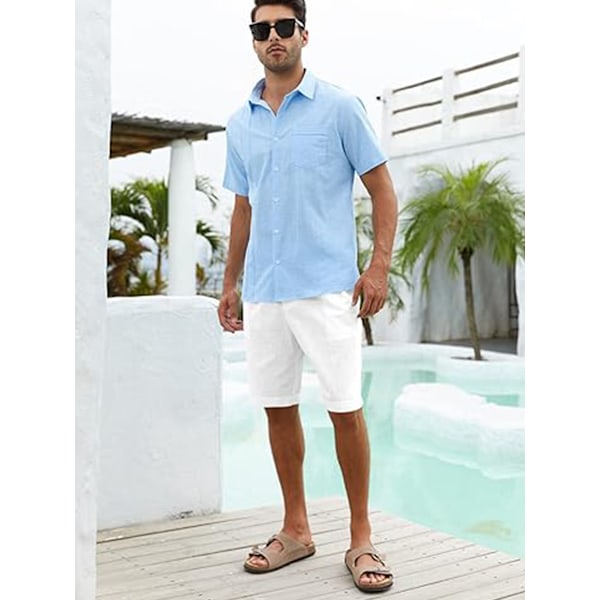 Herre Bomullslin Flat Front Shorts, Elastisk Midje Strandshorts white M
