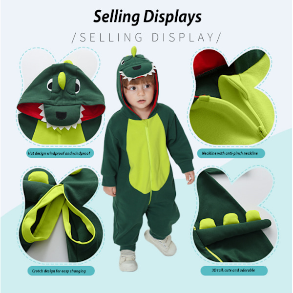 Baby Dinosaur Dragkedja Jumpsuit, Unisex Spädbarn Romper green 90