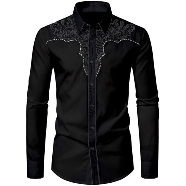 Herr Casual Button Down långärmade broderade skjortor Black 2 L