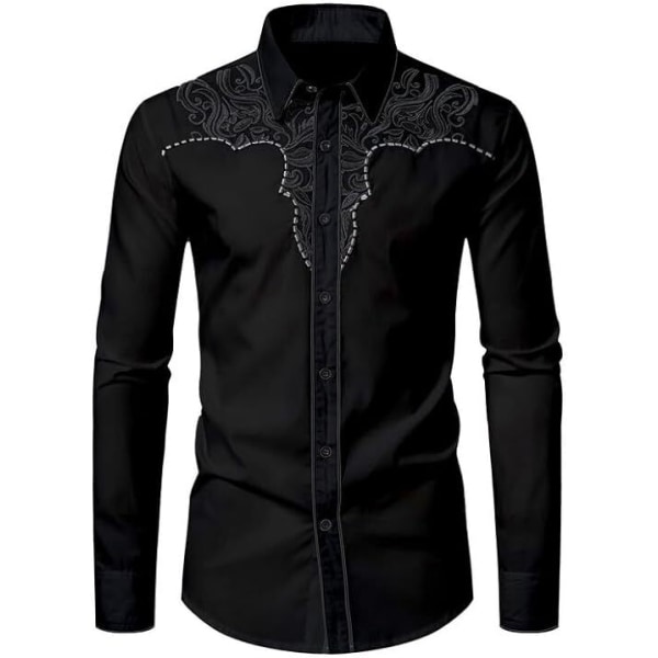 Herr Casual Button Down långärmade broderade skjortor Black 2 XL