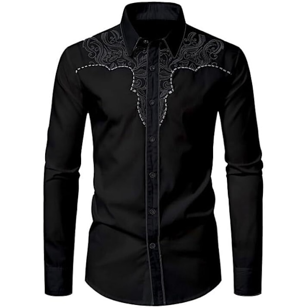 Miesten rento pitkähihainen napitettu paita, jossa on brodeeraus Black 2 2XL