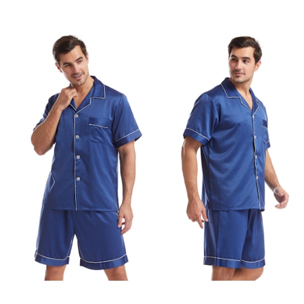 Herrar siden satin pyjamas set kortärmad skjorta topp och shorts navy blue L