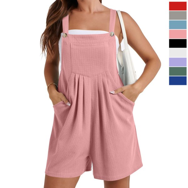 Kvinnors Sommar Casual Rompers Lös Våffel Stickad Korta Overaller Jumpsuit Med Fickor Pink M