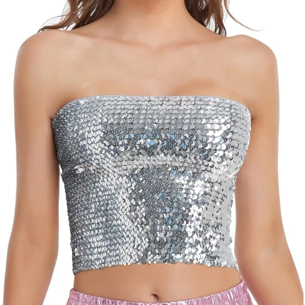 Glittrande Sekvenstop för Kvinnor, Metallisk Crop Top för Fest och Klubb Silver