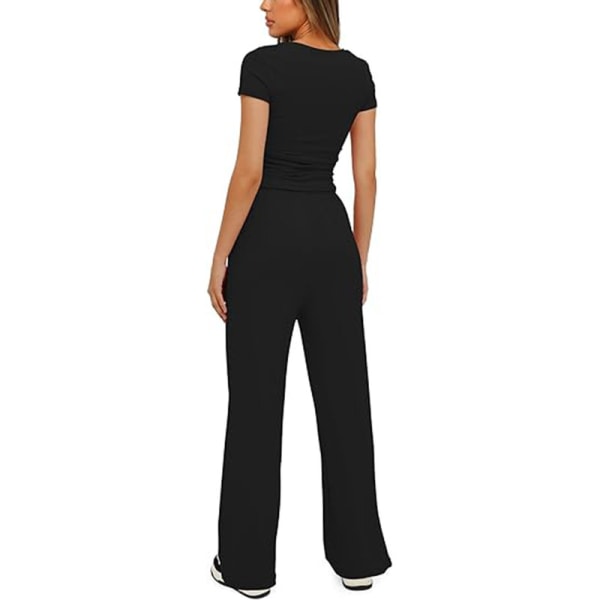 Kvinnors 2-delade outfits Loungeset Kortärmade toppar och byxor med vida ben med hög midja Träningsoverallsset Black XL