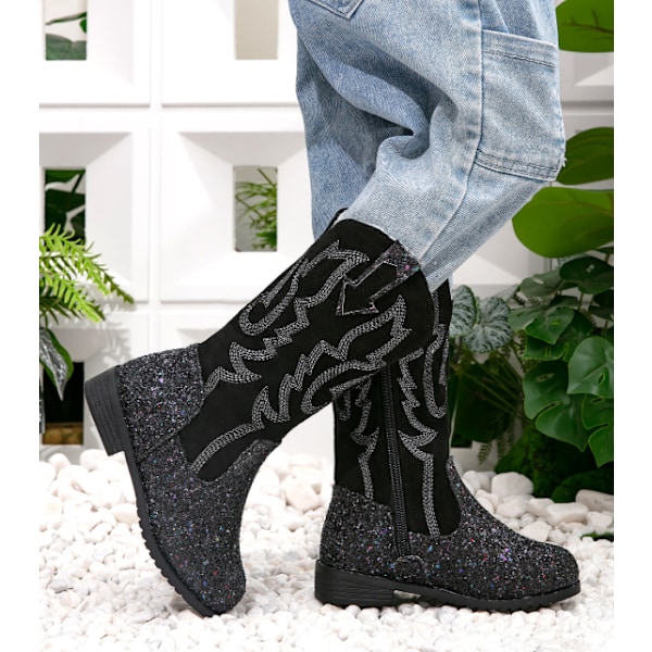 Flickiga Cowgirl-stövlar för flickor Unisex-barn Mid Calf Glitter Toddler Cowboy Boot black 27