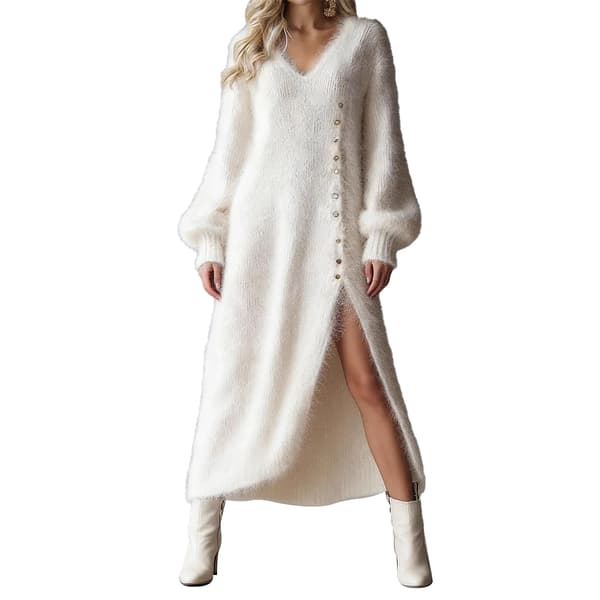 Vinter V-ringad Lös Midi Klänning med Slits Elegant Plus Size Kvinnor White L