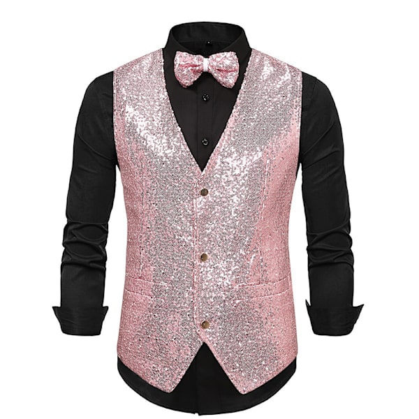 Herrar Glittrande Sekvensväst V-ringad Regular Fit Festklänning Kostym Väst Fluga 2 Delar pink L