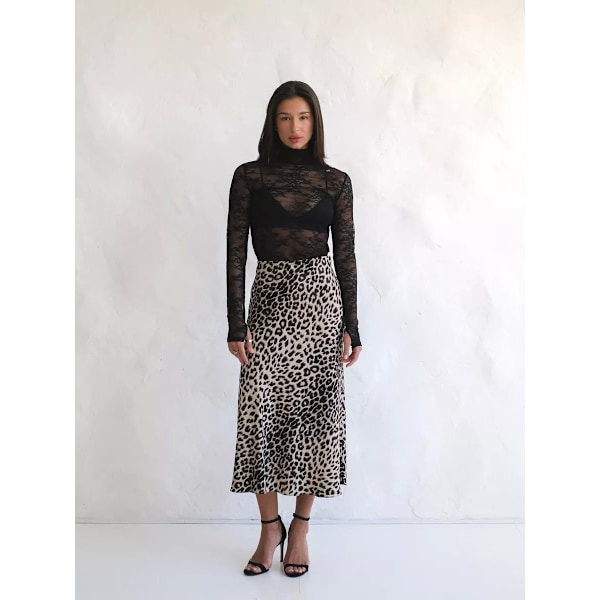 Sateng skjørt med leopardmønster, høy midje, elastisk midje, lang skjørt white M