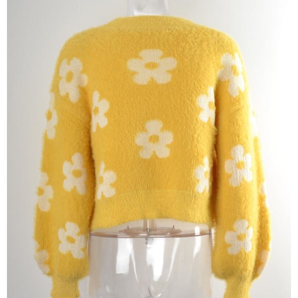 Kvinners Langærmet Blomstertrykt Knappelukking V-Hals Strikket Genser Cardigan yellow XL