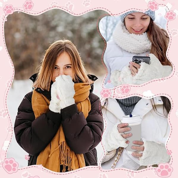 Søde Kattepote Handsker, Kunstig Pels Blød Vinter Fingerløse Handsker white