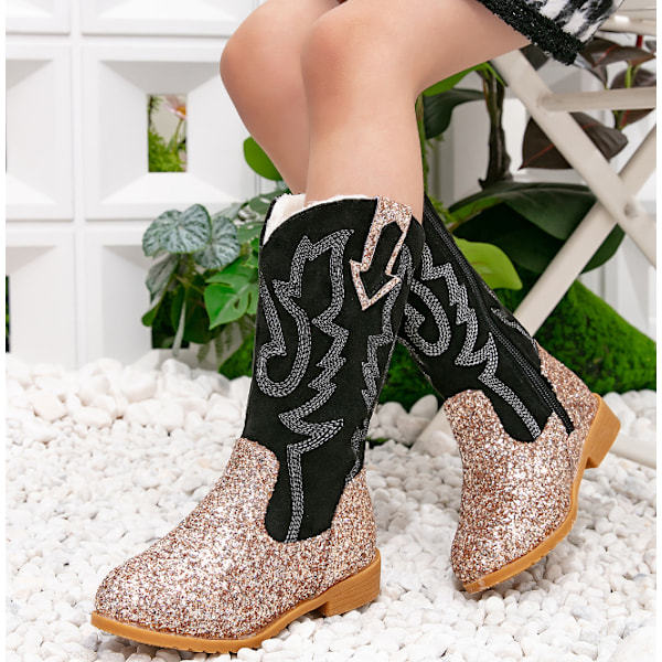 Flickiga Cowgirl-stövlar för flickor Unisex-barn Mid Calf Glitter Toddler Cowboy Boot gold 29