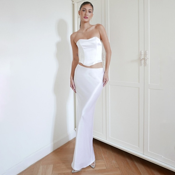 Lang Satin Skjørt til Kvinder Silke Elegant Højtaljet Cocktail Party Midi Skørter white M