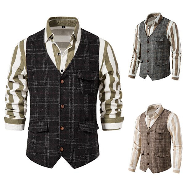 Herre Vest til Bryllup Plaid Blød Uld Tweed Vest black S