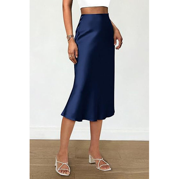 Kvinnors Sommar Höga Midja Volang A-linje Silke Kjolar Navy Blue XL