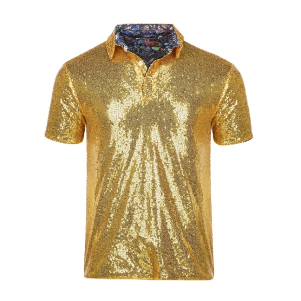 Herr glänsande paljetter kortärmad nedvikt gnistrande polo T-shirt Gold 2XL