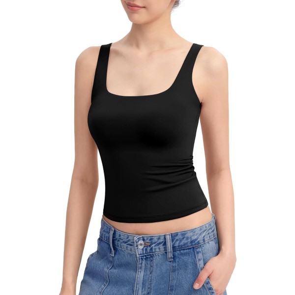 Naisten Neliökauluksinen Tank Top Hihaton Kaksoisvuorattu Perus Yläosa Sharp Collection Black M