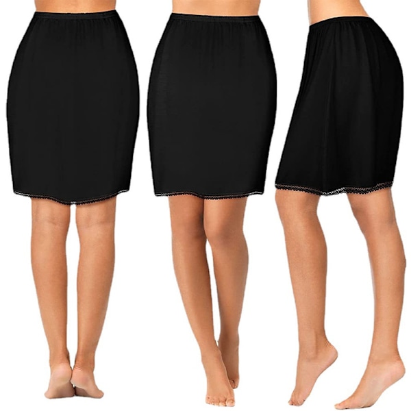 Dam innerhalva underkjol, anti-cling underskirt spets trim över knäet halva underkjol kjol Black(50cm) M