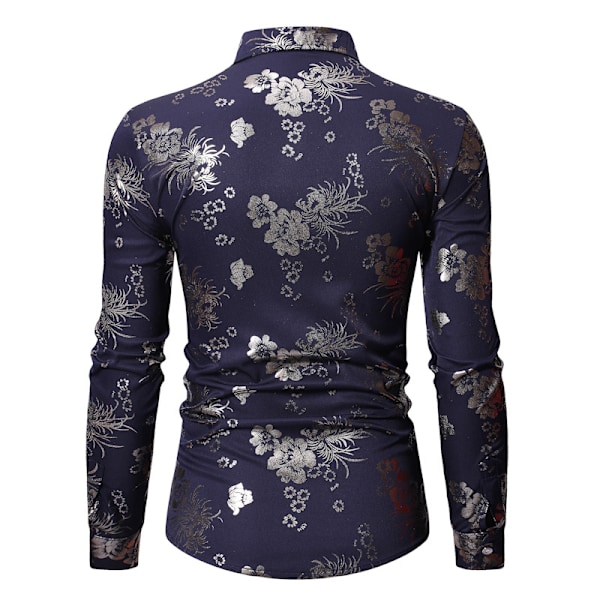Lyxig skjorta för män med glänsande blommönster och knappar Navy Blue S