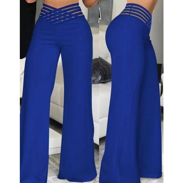 Kvinnor vida ben utsvängda byxor Casual Crosscross Sheer Mesh Patch byxor med hög midja blue 2XL