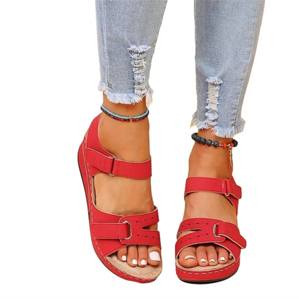 Ortopediska sandaler med kil för kvinnor med öppen tå och ankelrem Platformsandaler RED 36