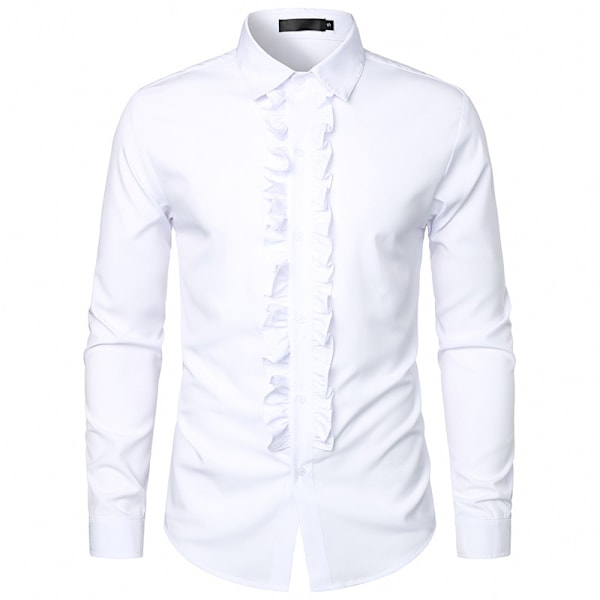 Mænds Smokingsskjorte Slim Fit Rufflet Bryllup Middag Toppe Skjorter white S