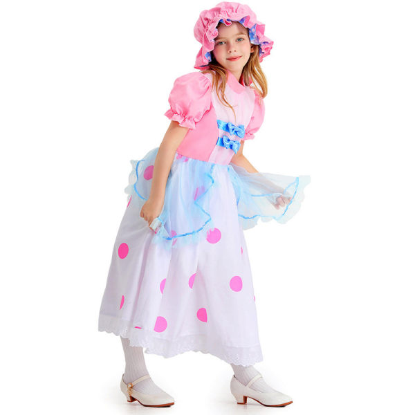 Pige Bo Peep Kostume med Bonnet Polka Dot Kjole, Halloween Pink Hyrdedragt 140cm