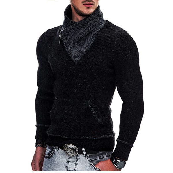 Stickade tröjor med turtleneck för män Slim Fit-tröja med fickor Black 2XL