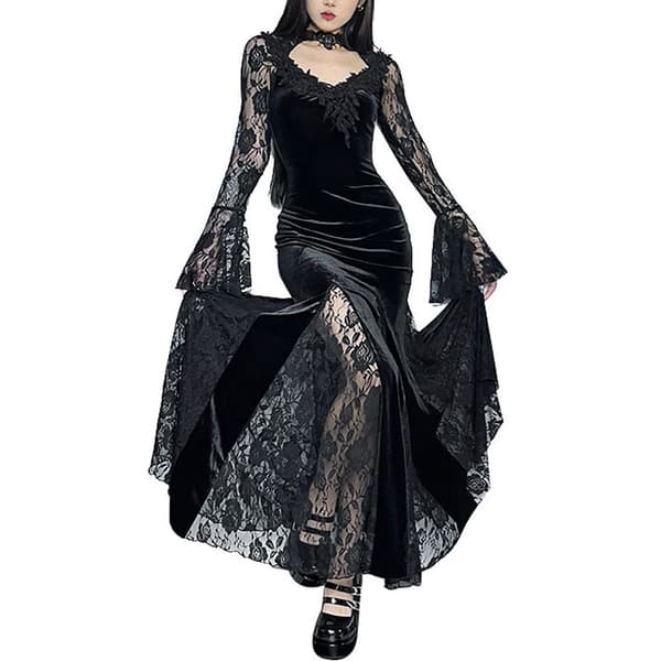 Gotisk Slim Lace Lång Goth Klänning Kläder L