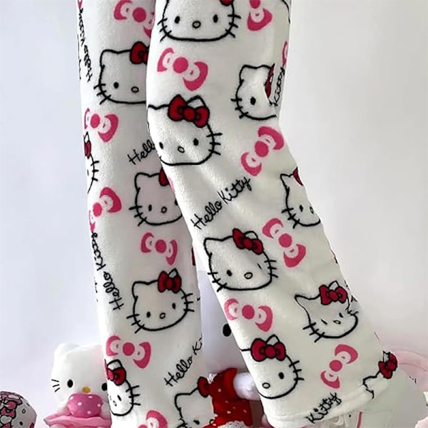Naisten Piirretty Kissan Pyjama Housut Flanelli Mukavat Unihousut white L