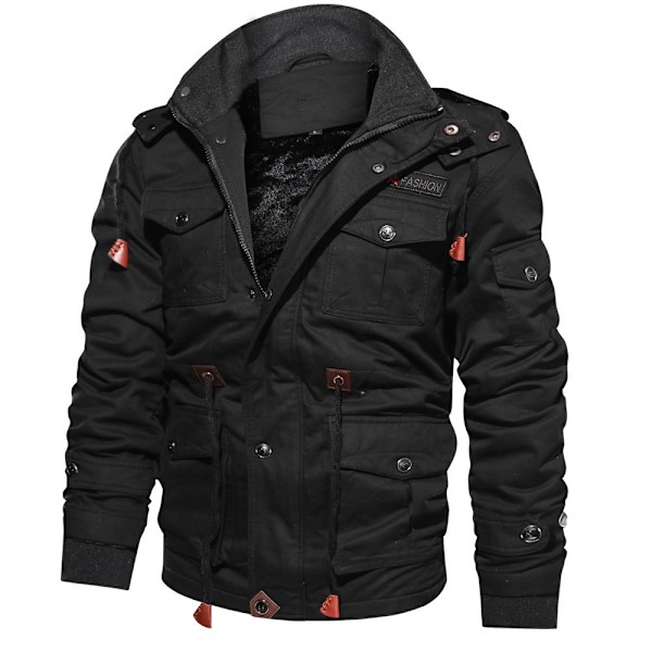 Herrar Vinterjacka Fleecefodrad Tjock Arbetsjacka Varma Cargojackor med Huva black 4XL