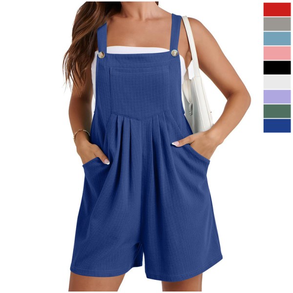 Sommerlige Løse Waffle-Strikk Shorts Overalls Jumpsuit for Kvinner med Lomme Blue L