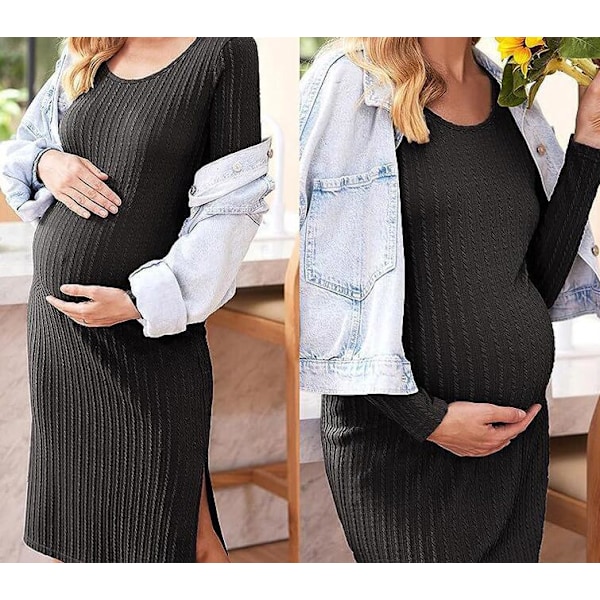 Maternity tröja klänning Ribbad långärmad gravidklänning black S