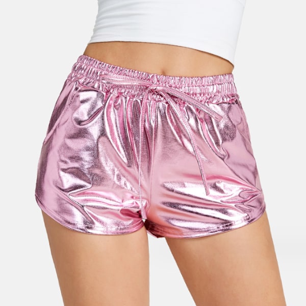 Metallic Shorts för kvinnor, sommarglittrande, heta outfits, blanka korta byxor pink S