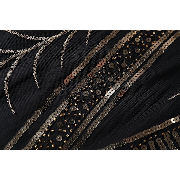 Dam 1920-tals Flapper Klänning Vintage Lång Fransklänning black gold XL