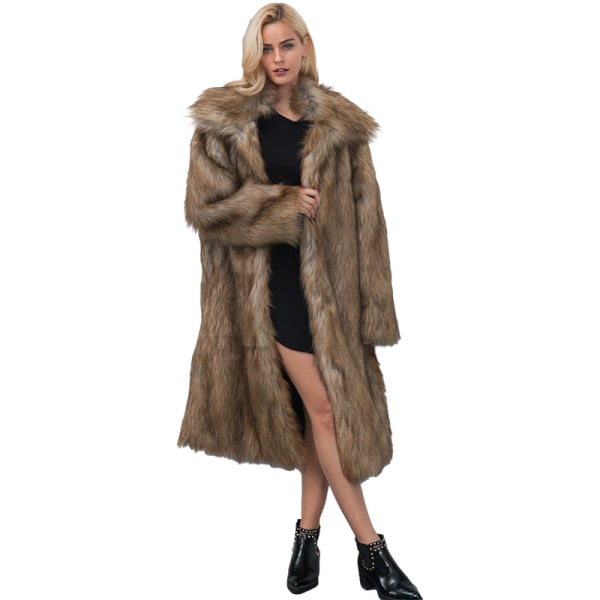 Dam Fuax Fur Coat Vinter Varm Fluffy Faux Fur Parka Jacka Brown L