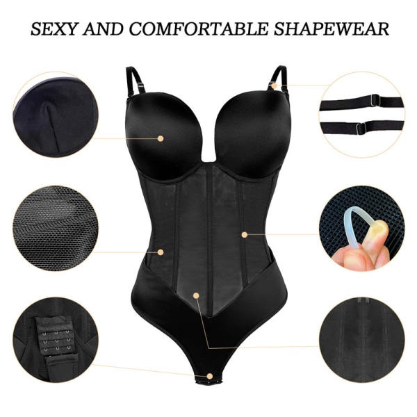 Stringtrosa Shapewear Body för kvinnor, Magkontroll Body Shaper U Plunge Beige XL