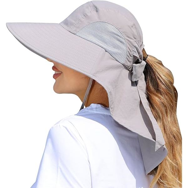 Dam solhatt UV-skydd bred brätte fiskehatt med hästsvanshål nackskydd Light Grey
