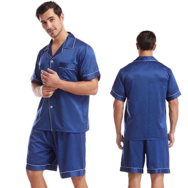 Mænds Silke Satin Pyjamas Sæt Kortærmet Skjorte Top og Shorts navy blue L