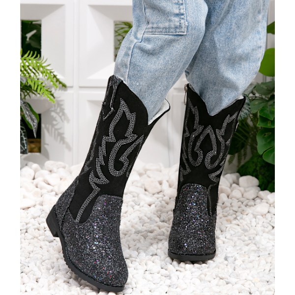 Flickiga Cowgirl-stövlar för flickor Unisex-barn Mid Calf Glitter Toddler Cowboy Boot black 31