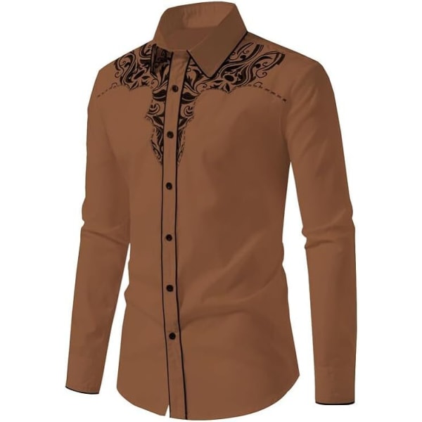 Herrar Casual Knapp-Ner Långärmad Broderade Skjortor Brown 2 XL