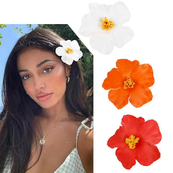 3 st hawaiianska blomsterhårklämmor för kvinnor, 3,5 tum konstgjorda blomsterklämmor white orange and red