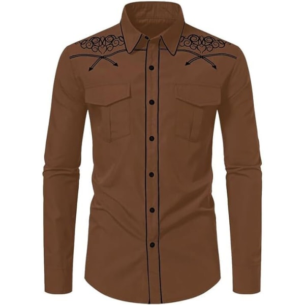 Herrar Casual Knapp-Ner Långärmad Broderade Skjortor Brown 1 XL